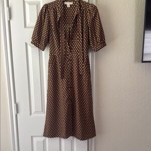 Brown and White Pleated Puff Sleeve Midi Sundress